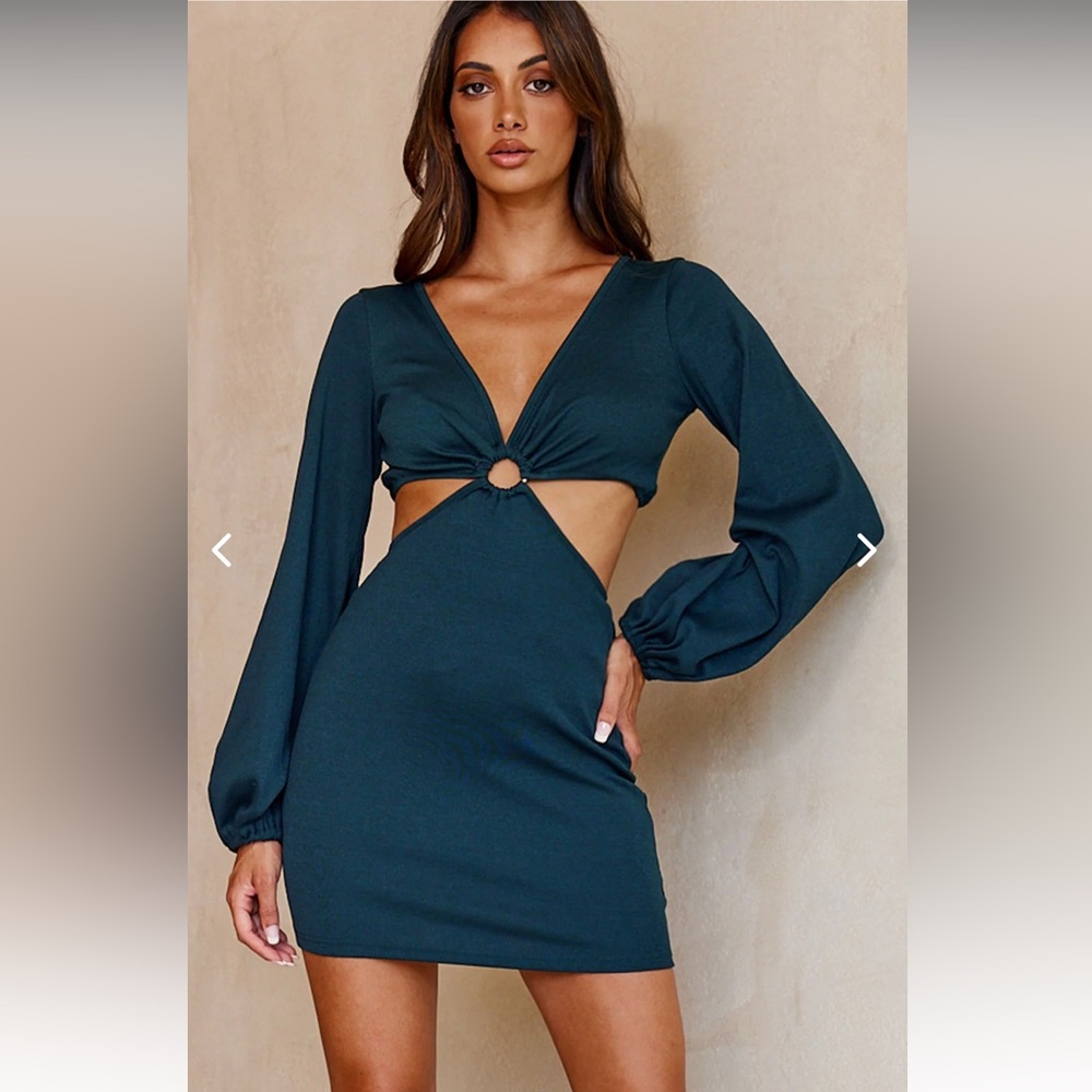 Selfie Leslie Annecy Long Sleeve Cut-Out Waist Mini Dress Forest Green